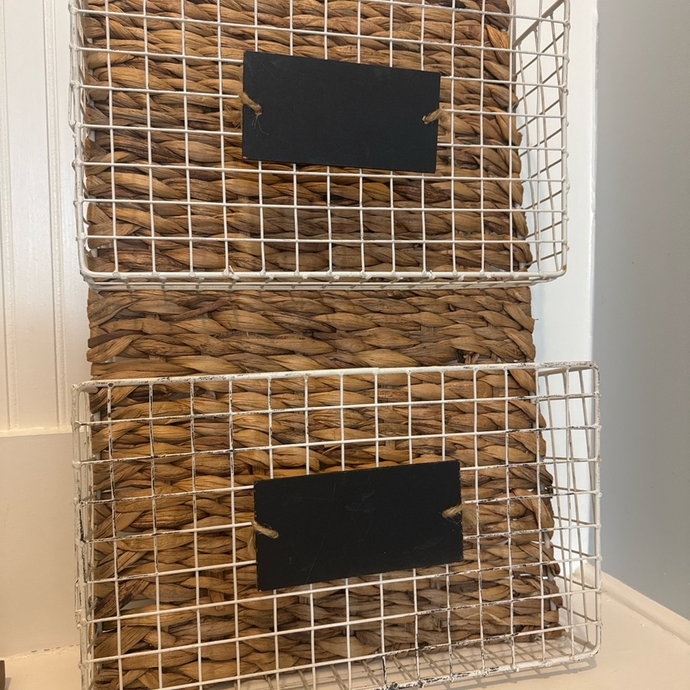 Farmhouse 2-Tier Wire & Woven Storage Basket with Chalkboard Labels